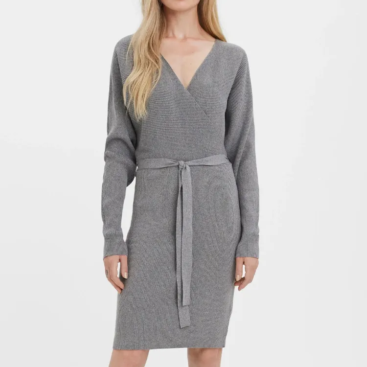 custom-wrap-front-ribbed-knit-sweater-dress-grey