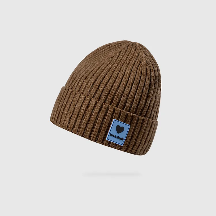 custom-unisex-rib-knit-cuffed-beanie-logo-patch-brown