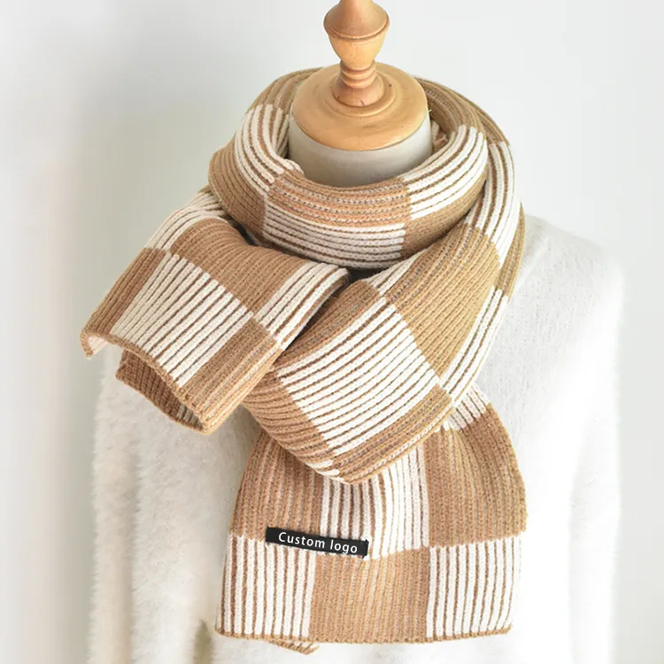 custom-checkerboard-ribbed-knit-scarf-brown