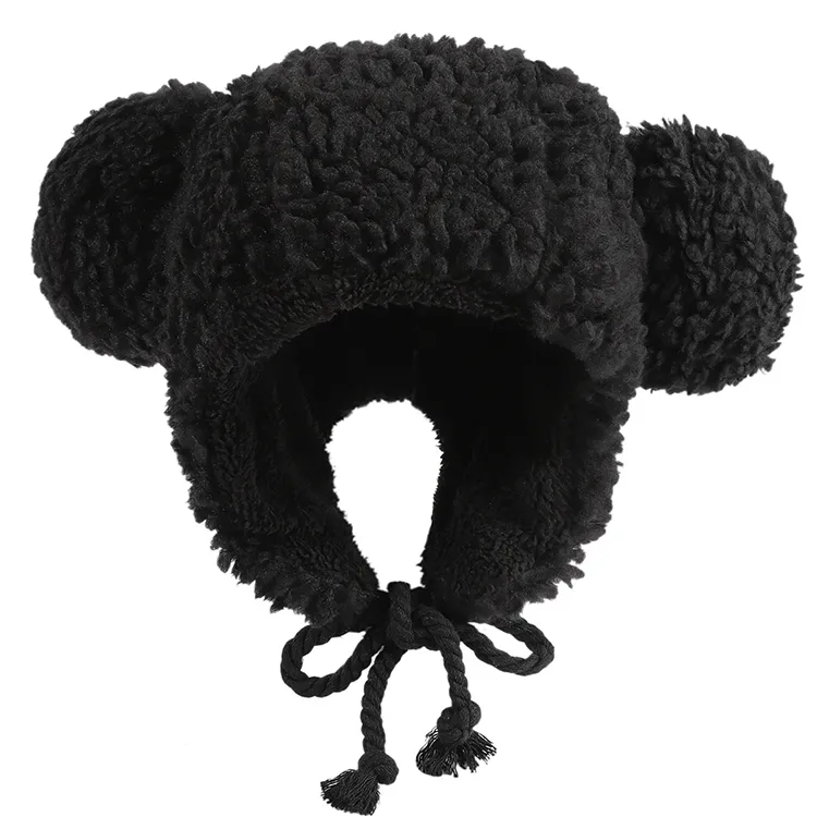 custom-cute-pom-pom-sherpa-fleece-bonnet-black