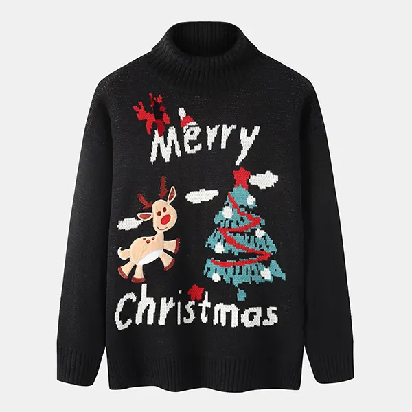 custom-merry-christmas-reindeer-mock-neck-sweater-black