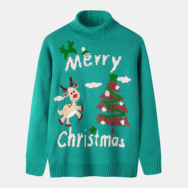 custom-merry-christmas-reindeer-mock-neck-sweater-green