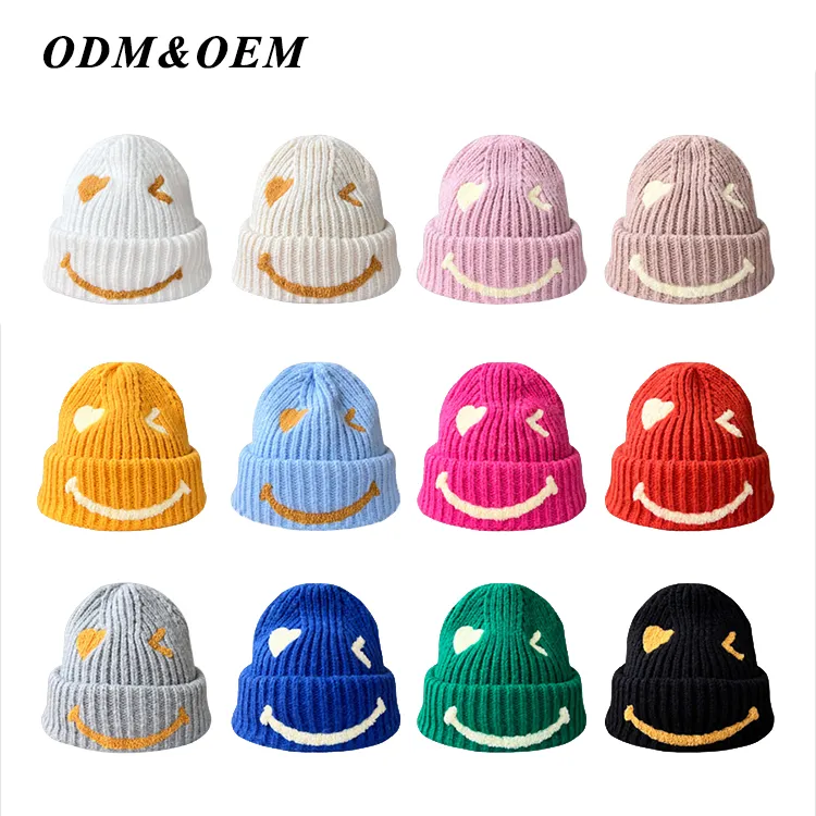 custom-smiley-face-ribbed-knit-beanie
