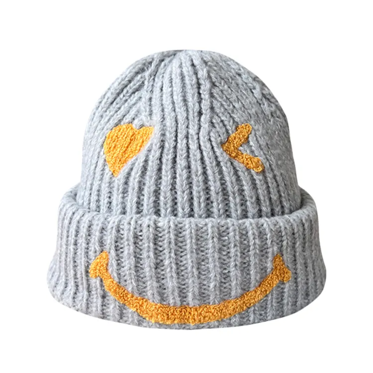 custom-smiley-face-ribbed-knit-beanie-grey