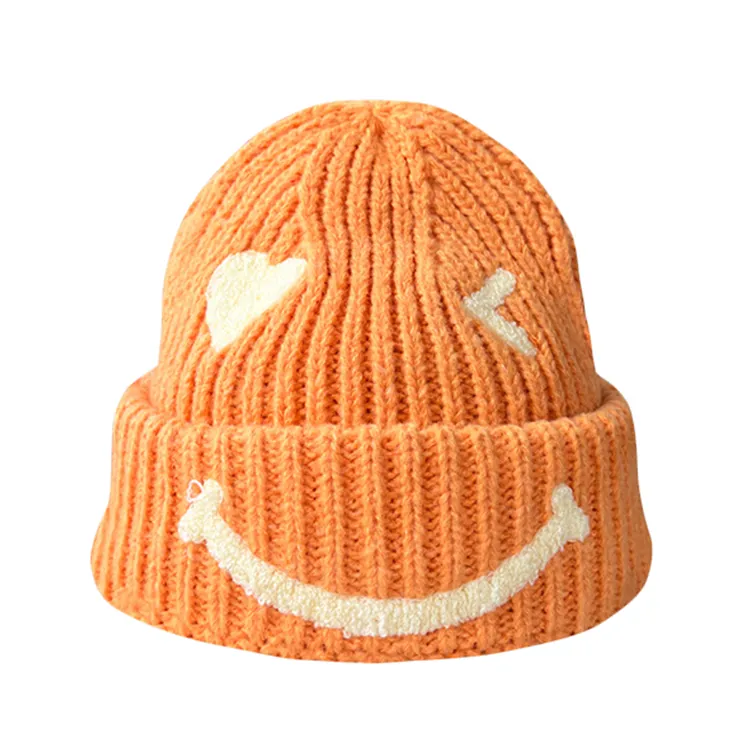 custom-smiley-face-ribbed-knit-beanie-orange