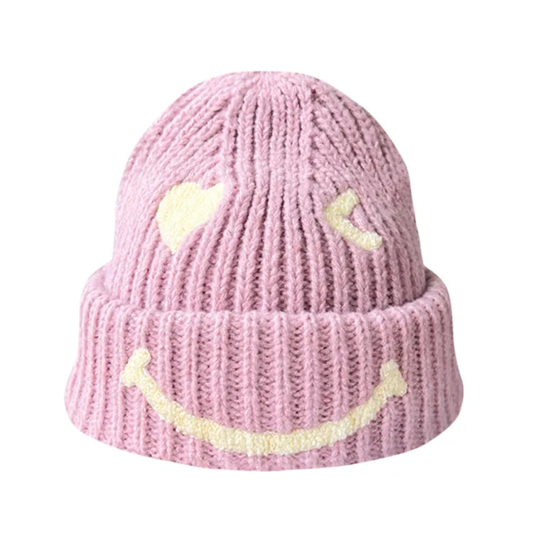 custom-smiley-face-ribbed-knit-beanie-pink