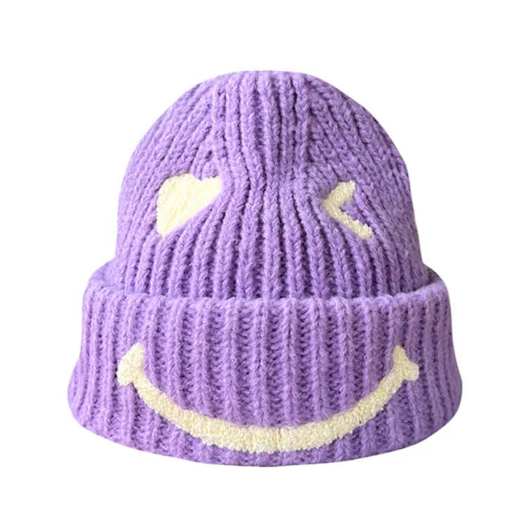 custom-smiley-face-ribbed-knit-beanie-purple