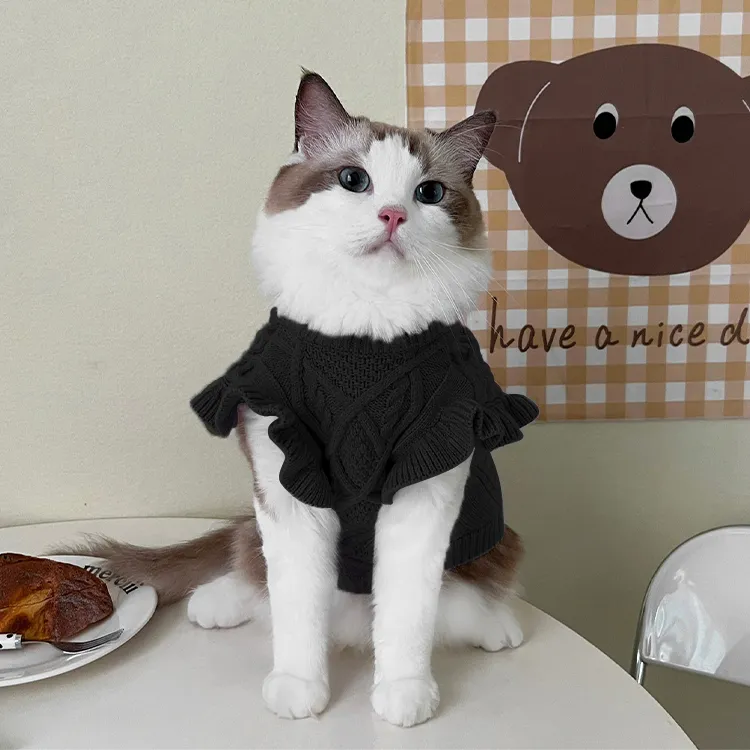 custom-elegant-ruffled-cable-knit-pet-sweater-black