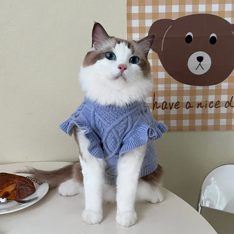 custom-elegant-ruffled-cable-knit-pet-sweater-blue