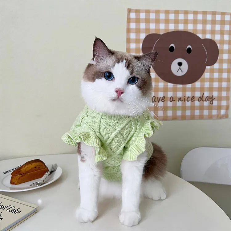 custom-elegant-ruffled-cable-knit-pet-sweater-green