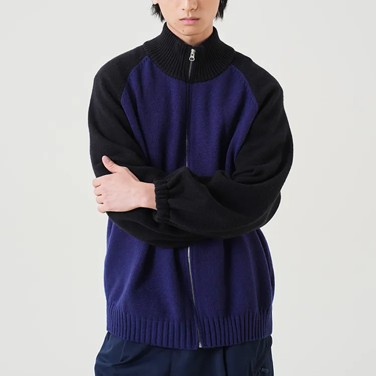 custom-color-block-raglan-knit-zip-up-jacket-blue-model-showcase