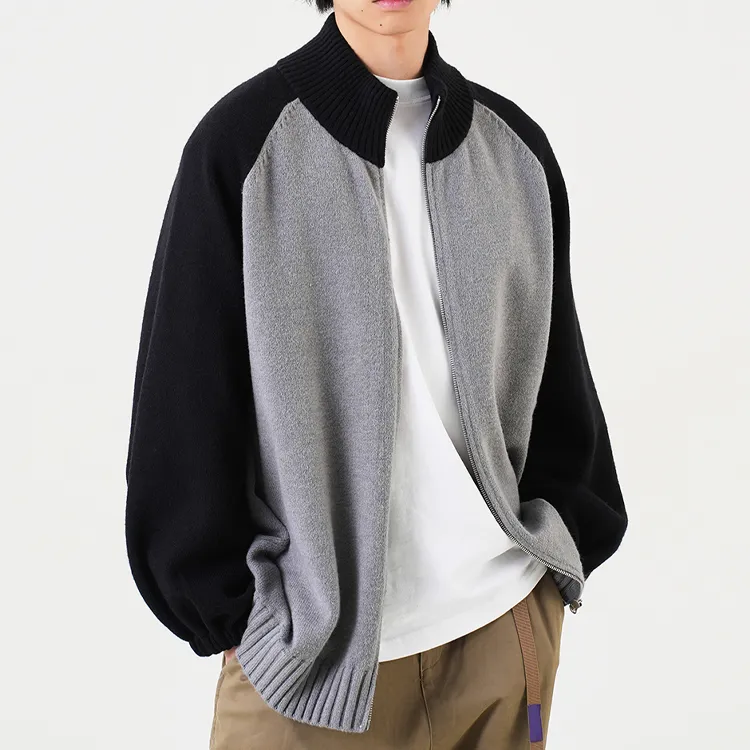 custom-color-block-raglan-knit-zip-up-jacket-grey