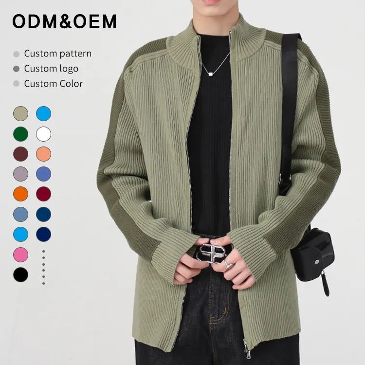 Custom Contrast Raglan Zip-Up Knit Cardigan Minimalist Ribbed Mock Neck Sweater Oversized Cotton Blend Streetwear Jacket