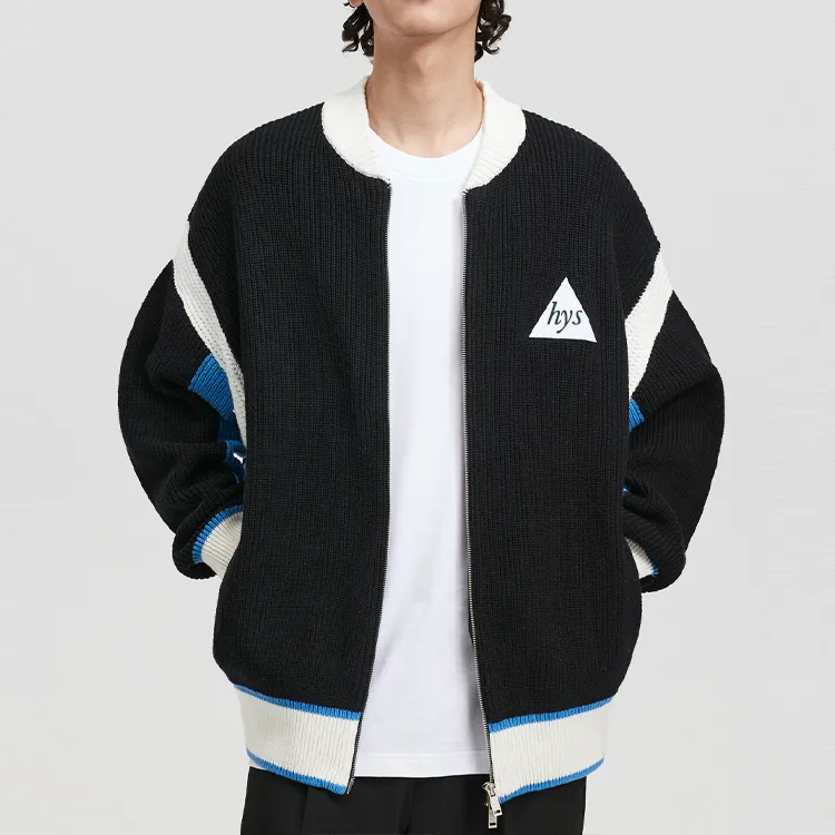 custom-varsity-color-block-knit-zip-up-jacket-black-model-showcase