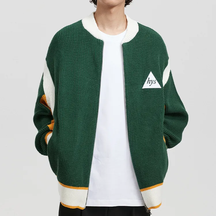 custom-varsity-color-block-knit-zip-up-jacket-green-model-showcase