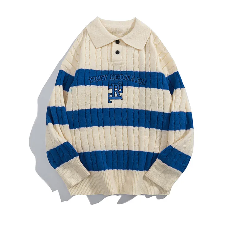 custom-varsity-cable-knit-polo-pullover-blue