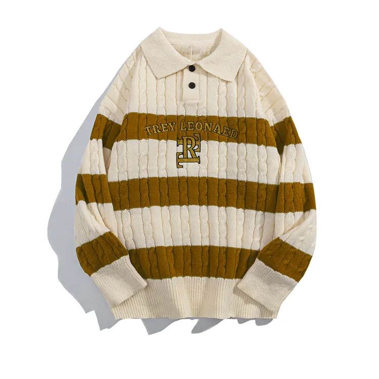 custom-varsity-cable-knit-polo-pullover-brown