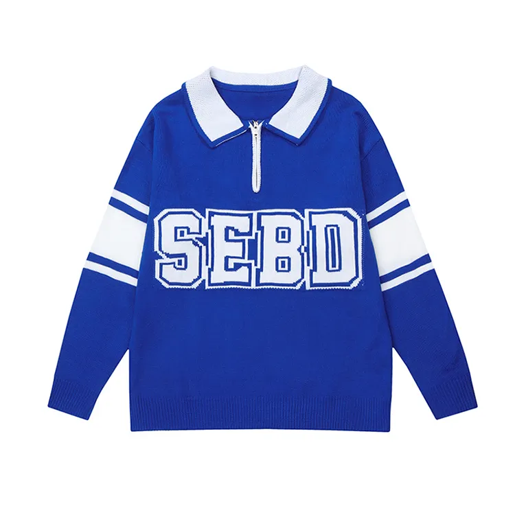 custom-varsity-letter-polo-half-zip-knit-sweater-blue-and-white