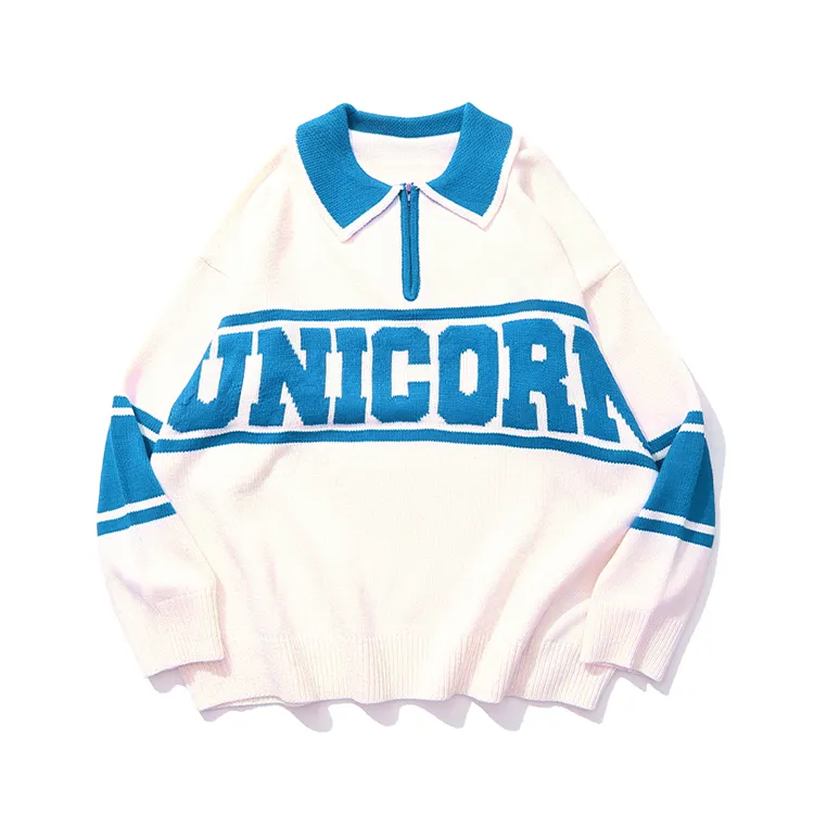 custom-varsity-letter-polo-half-zip-knit-sweater-blue