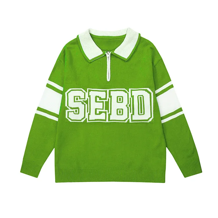 custom-varsity-letter-polo-half-zip-knit-sweater-green-and-white