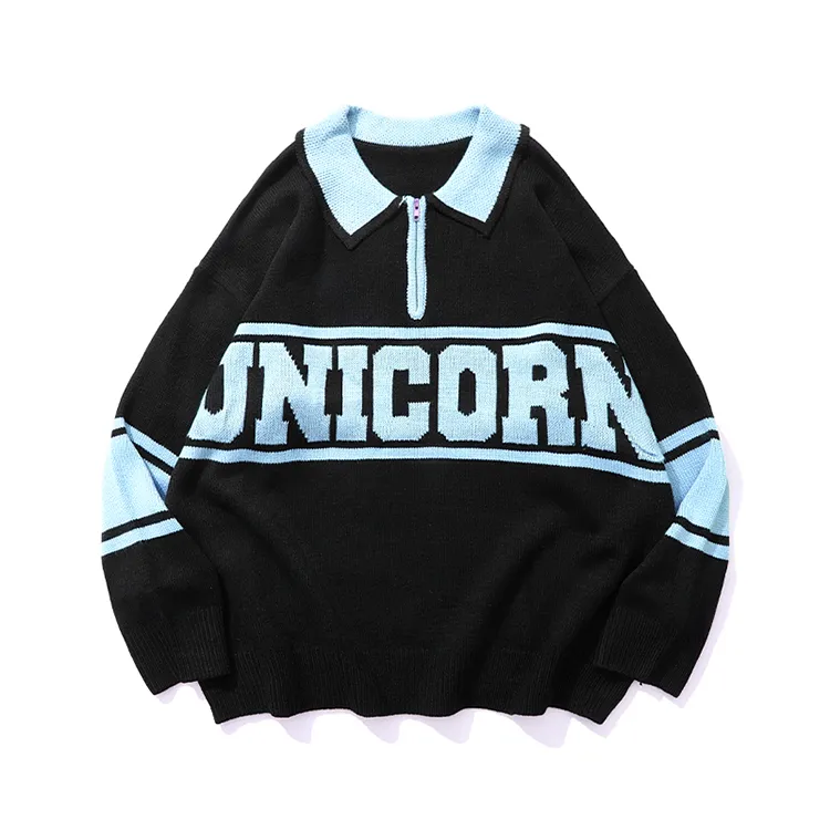 custom-varsity-letter-polo-half-zip-knit-sweater-light-blue