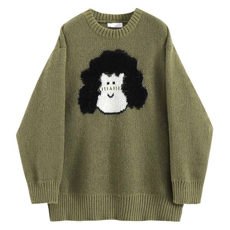 custom-cartoon-character-boucl-knit-sweater-green