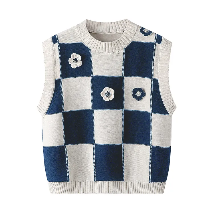 custom-checkerboard-floral-knit-vest-blue