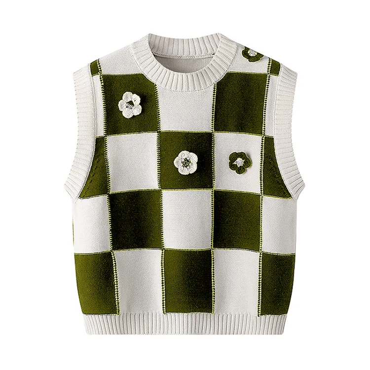 custom-checkerboard-floral-knit-vest-green