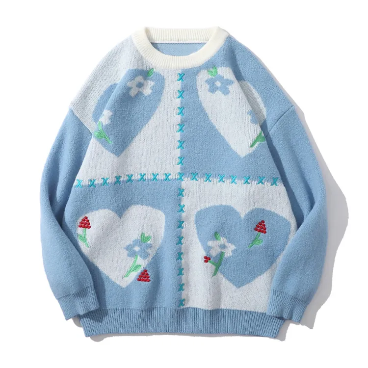 custom-cottagecore-floral-heart-knit-sweater-blue