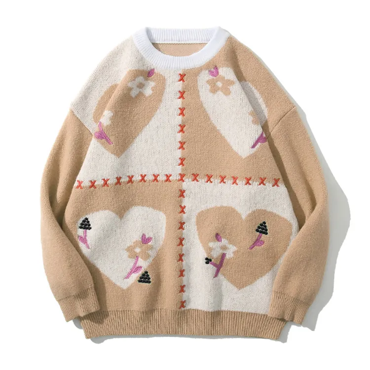 custom-cottagecore-floral-heart-knit-sweater-brown