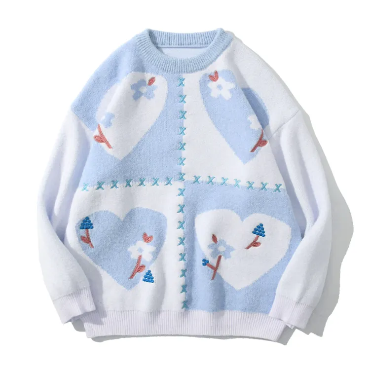 custom-cottagecore-floral-heart-knit-sweater-light-blue
