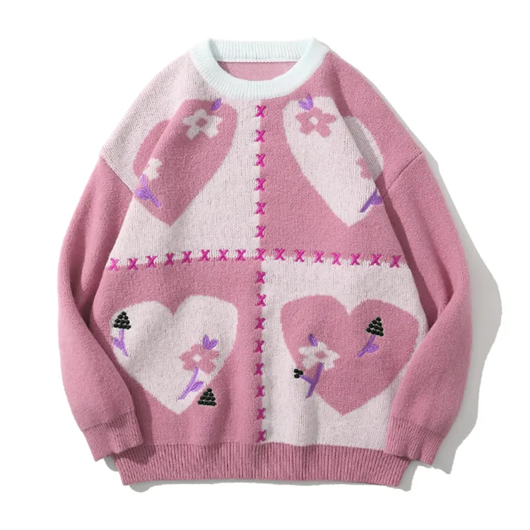custom-cottagecore-floral-heart-knit-sweater-pink