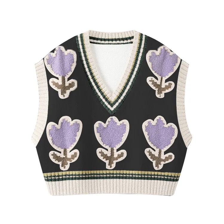 custom-cropped-floral-knit-vest-black