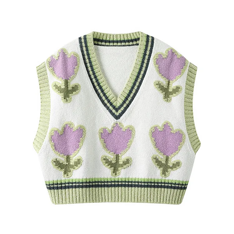 custom-cropped-floral-knit-vest-green