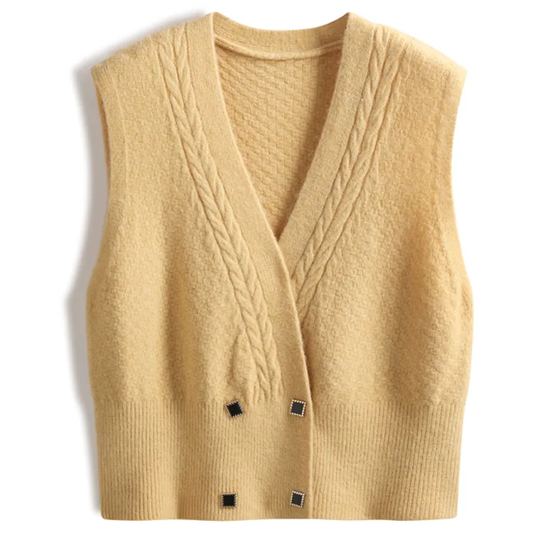custom-double-breasted-cable-knit-vest-yellow