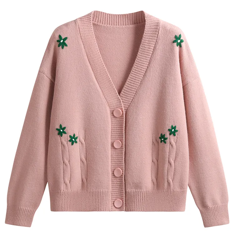custom-floral-embroidered-v-neck-cardigan-sweater-pink