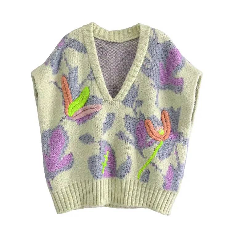 custom-oversized-3d-floral-knit-vest-green