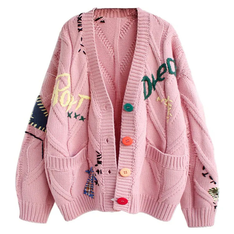 custom-oversized-cable-knit-embroidered-cardigan-pink