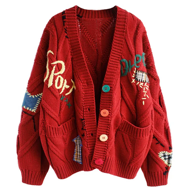 custom-oversized-cable-knit-embroidered-cardigan-red