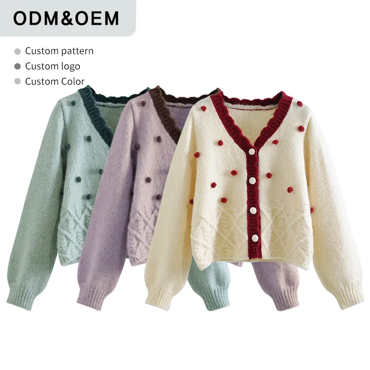 custom-pom-pom-cable-knit-cardigan-v-neck-sweater