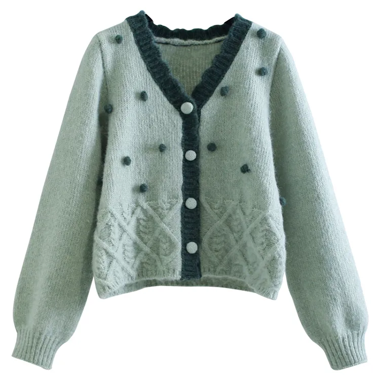 custom-pom-pom-cable-knit-cardigan-v-neck-sweater-green