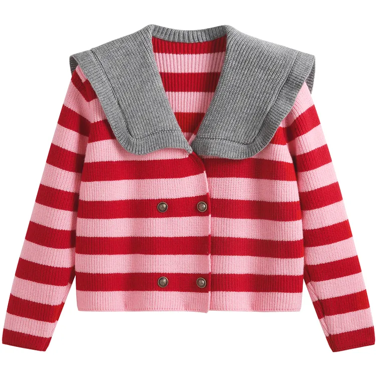 custom sailor collar striped double breasted cardigan pink and red