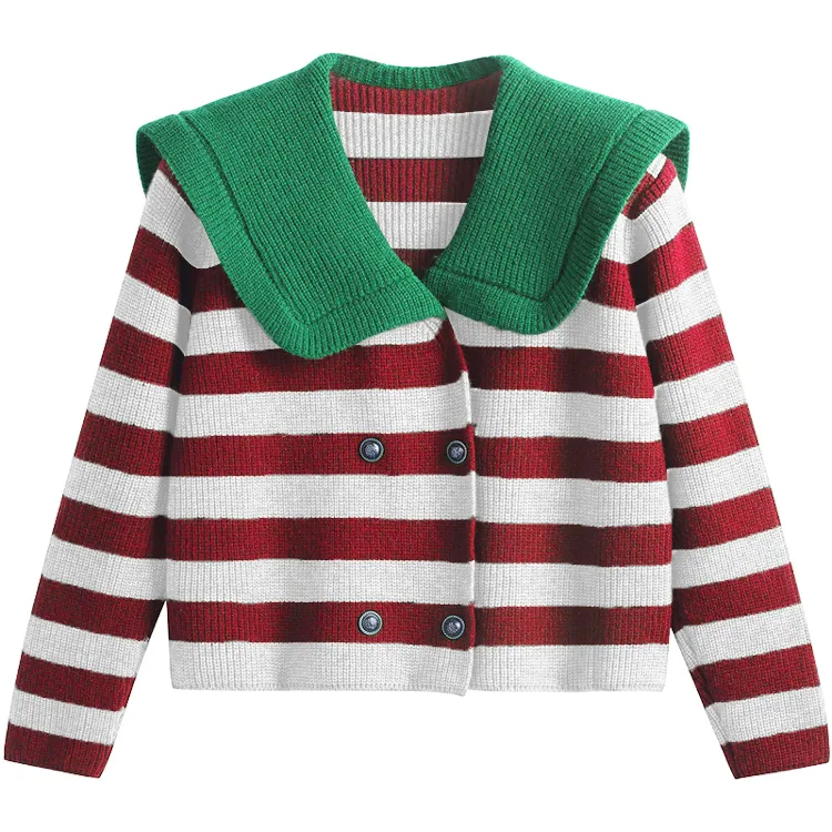 custom sailor collar striped double breasted cardigan white and red