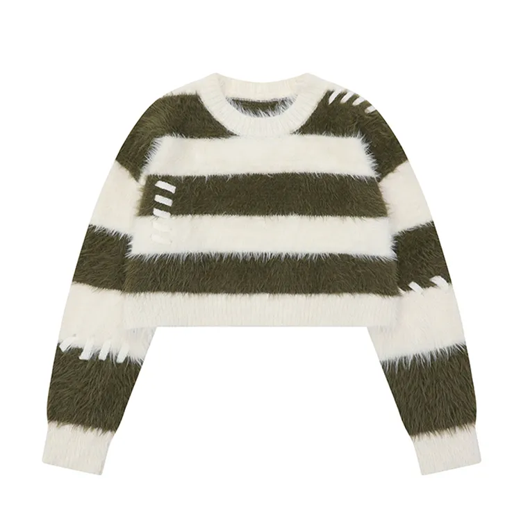 custom-striped-fuzzy-cropped-pullover-sweater-green