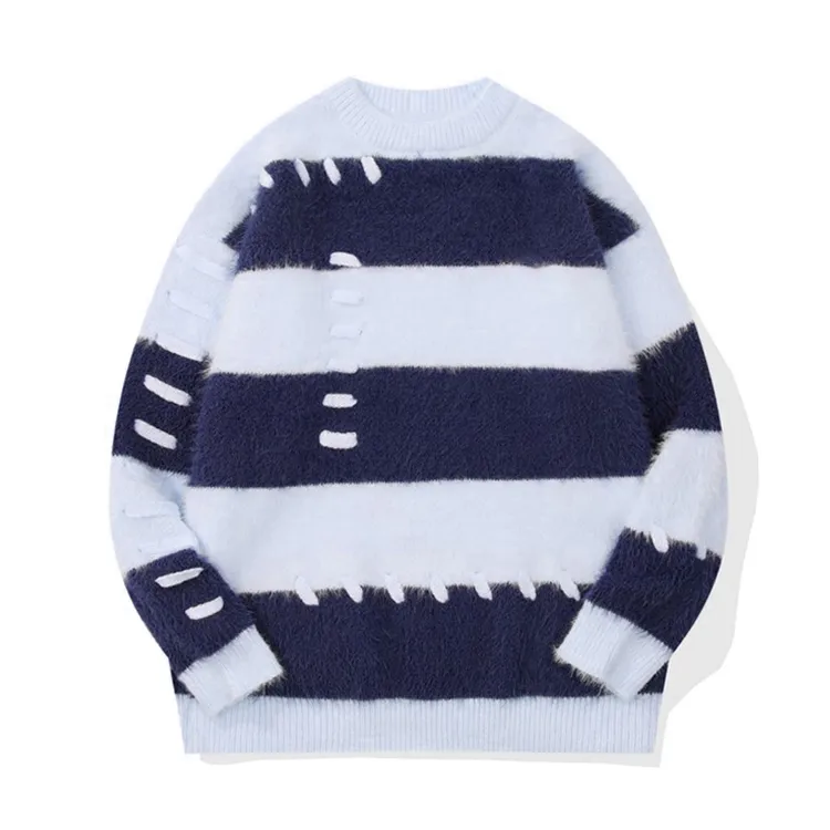 custom-striped-fuzzy-grunge-pullover-sweater-blue