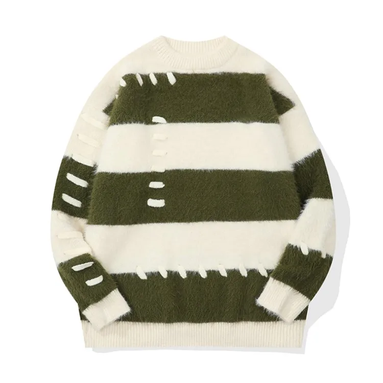 custom-striped-fuzzy-grunge-pullover-sweater-green