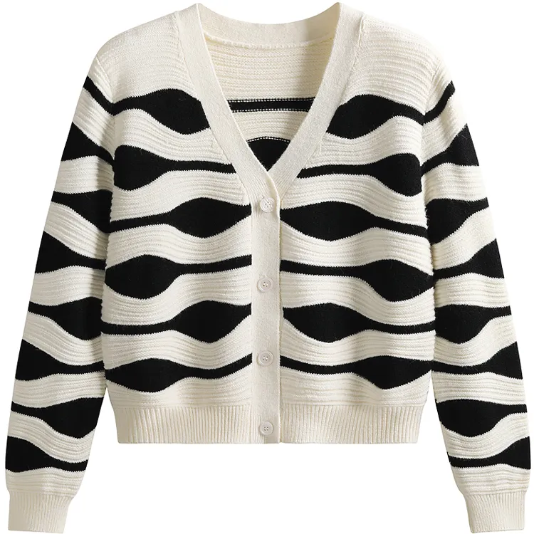 custom-wavy-jacquard-knit-cardigan-v-neck-sweater-black