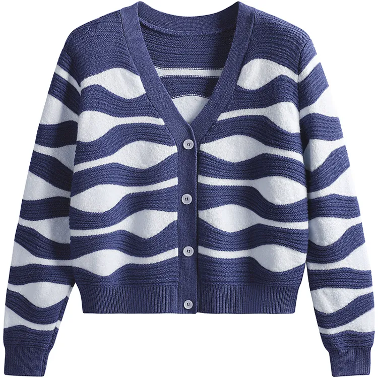 custom-wavy-jacquard-knit-cardigan-v-neck-sweater-blue