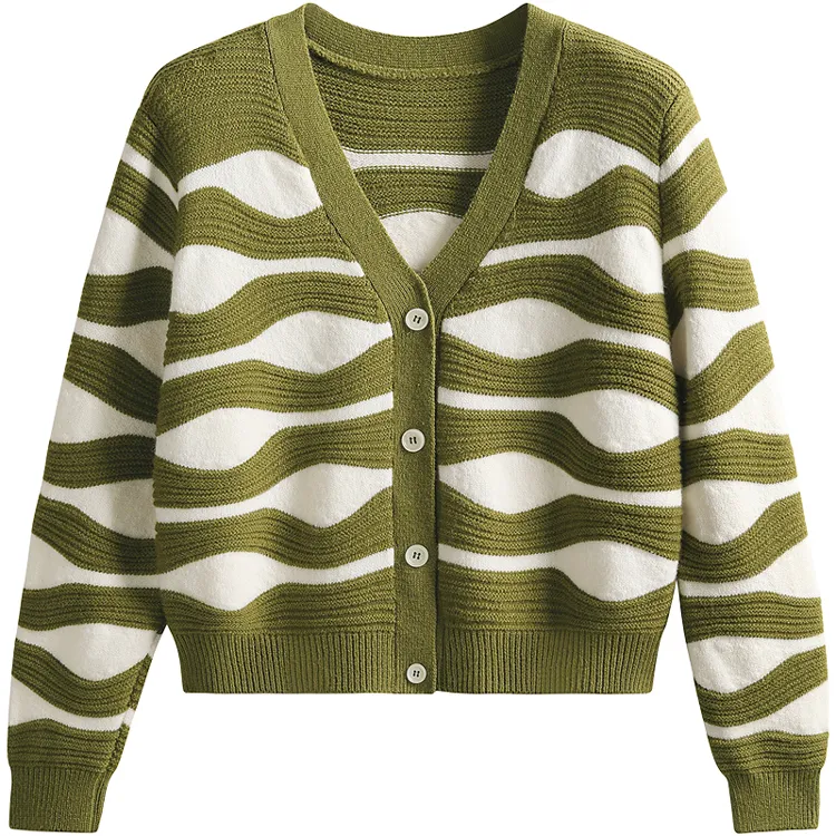 custom-wavy-jacquard-knit-cardigan-v-neck-sweater-green