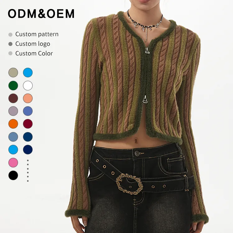 custom-fuzzy-striped-zip-up-knit-jacket